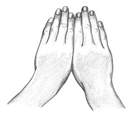 drawing looking down on hands with index fingers touching and hidden underneath